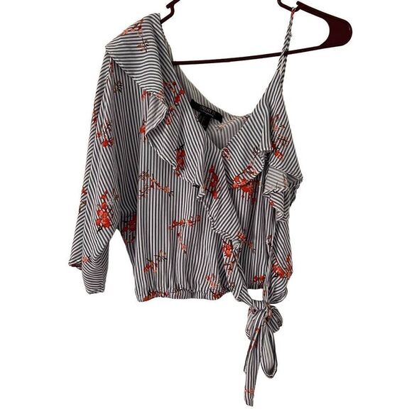 Forever 21 asymmetrical ruffle blouse top S striped floral blue and white - Picture 2 of 4